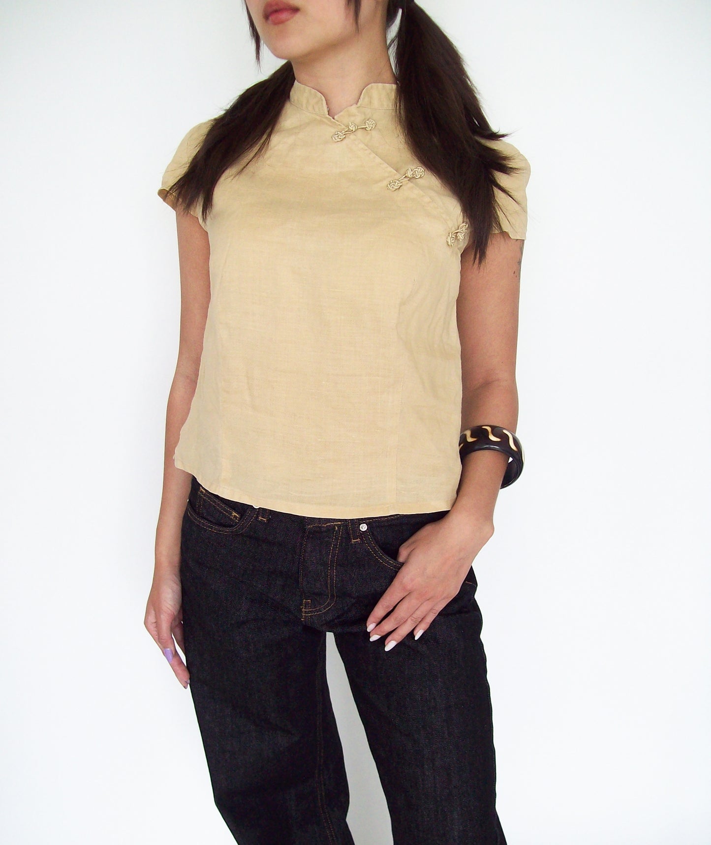 Linen top with Mandarin collar | S