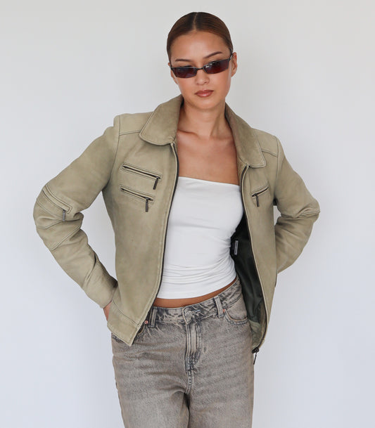 Green leather jacket | S